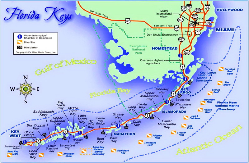 Mapa de los Cayos de Florida con los puntos más interesantes para practicar submarinismo