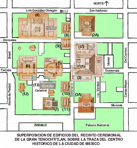 Superposición de las edificaciones del Recinto Ceremonial de Tenochtitlan sobre las calles de México DF actuales.