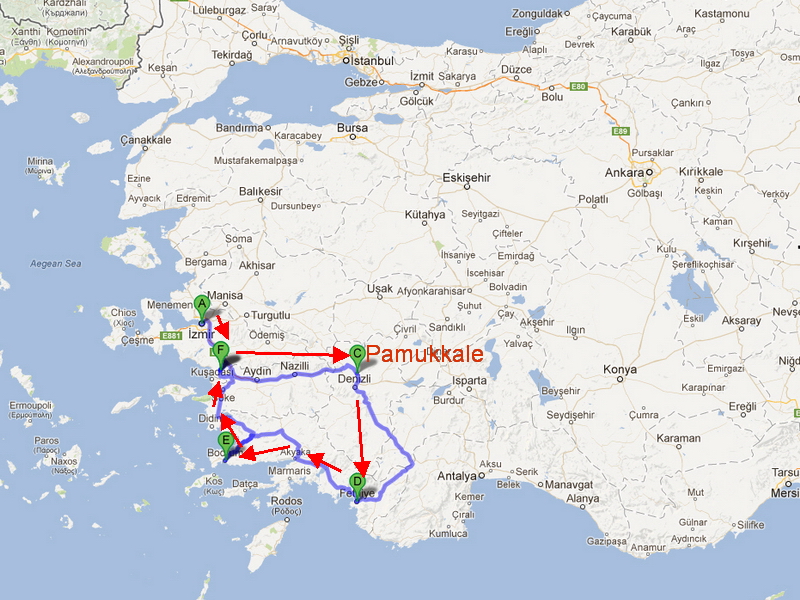 mapa con ruta circular por Turquía