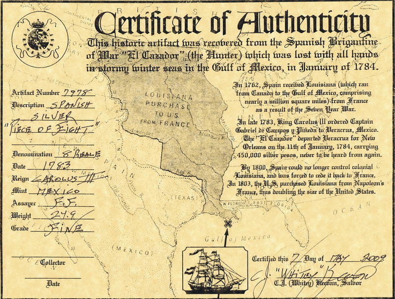 Certificado de autenticidad del "Real de a 8" del bergantín "La Cazadora"