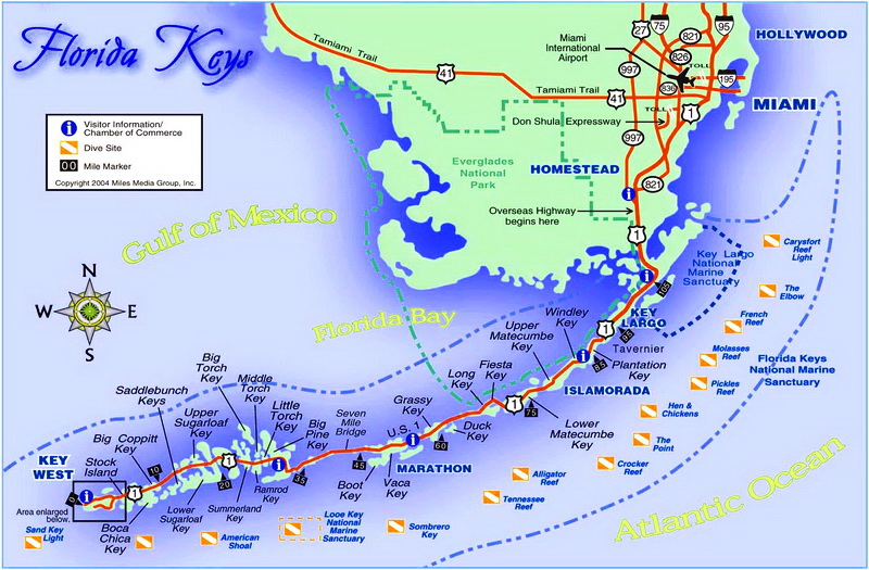 Mapa de los Cayos de Florida con los puntos más interesantes para practicar submarinismo Mapa de los Cayos de Florida con los puntos más interesantes para practicar submarinismo