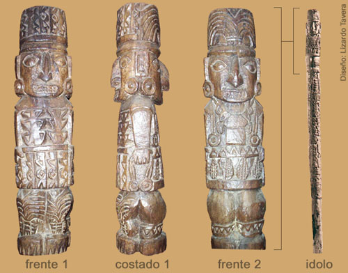 Vara de madera con la representación simbólica de Pachacamac Vara de madera con la representación simbólica de Pachacamac